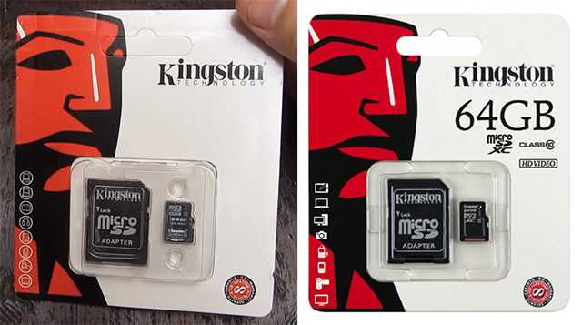 Упаковка с поддельной 64 ГБ картой от Kingston