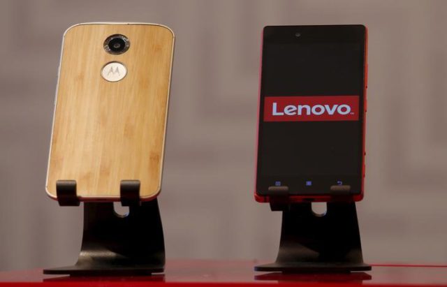 Lenovo and Motorola smartphones are displayed during a news conference in Hong Kong, China May 21, 2015. REUTERS/Bobby Yip