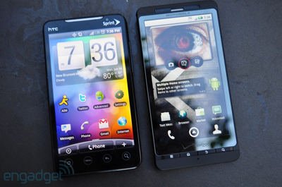 Слева HTC EVO 4F (аналог HD2 по габаритам), справа - Motorola Droid X